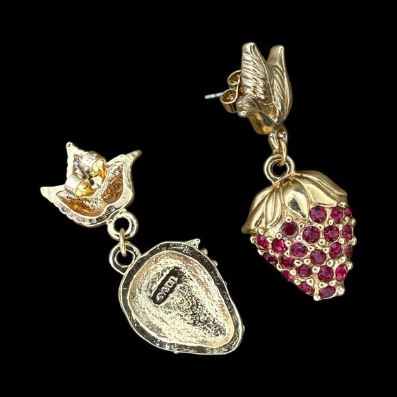 Vintage Avon Red Strawberry Gold Tone Statement Earrings Dangle Pave Rhinestone - Picture 7 of 10